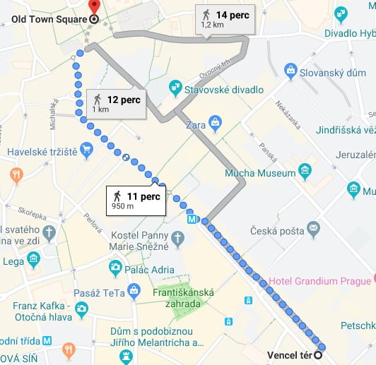 What is the distance between Wenceslas Square and the Old Town square in Prague?